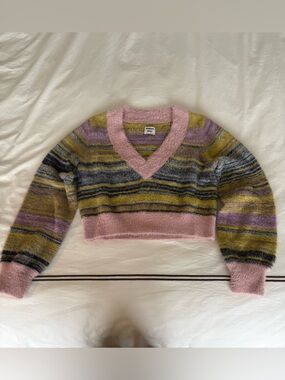 Sunday Best Pink & Olive Striped V-Neck Fuzzy Sweater
